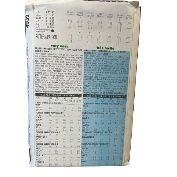 Butterick 4939 Sewing Pattern Vest Shirt Top Skirt Shorts Misses XS-S-M - Picture 2 of 2